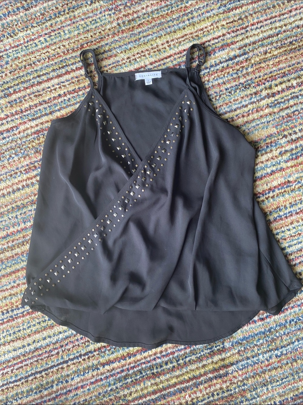 Socialite Black Stud-Trim Faux Wrap Cami